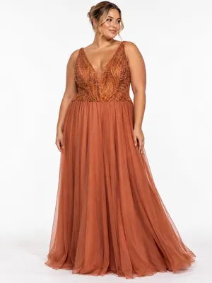 Glamouroso vestido terracota bordado em estúdio LE upscale gentle