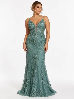 Vestido verde menta escuro todo bordado sereia com capa removível