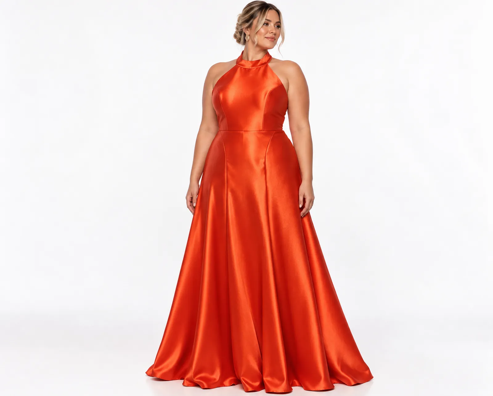 Vestido de cetim vermelho em estúdio branco LE upscale gentle