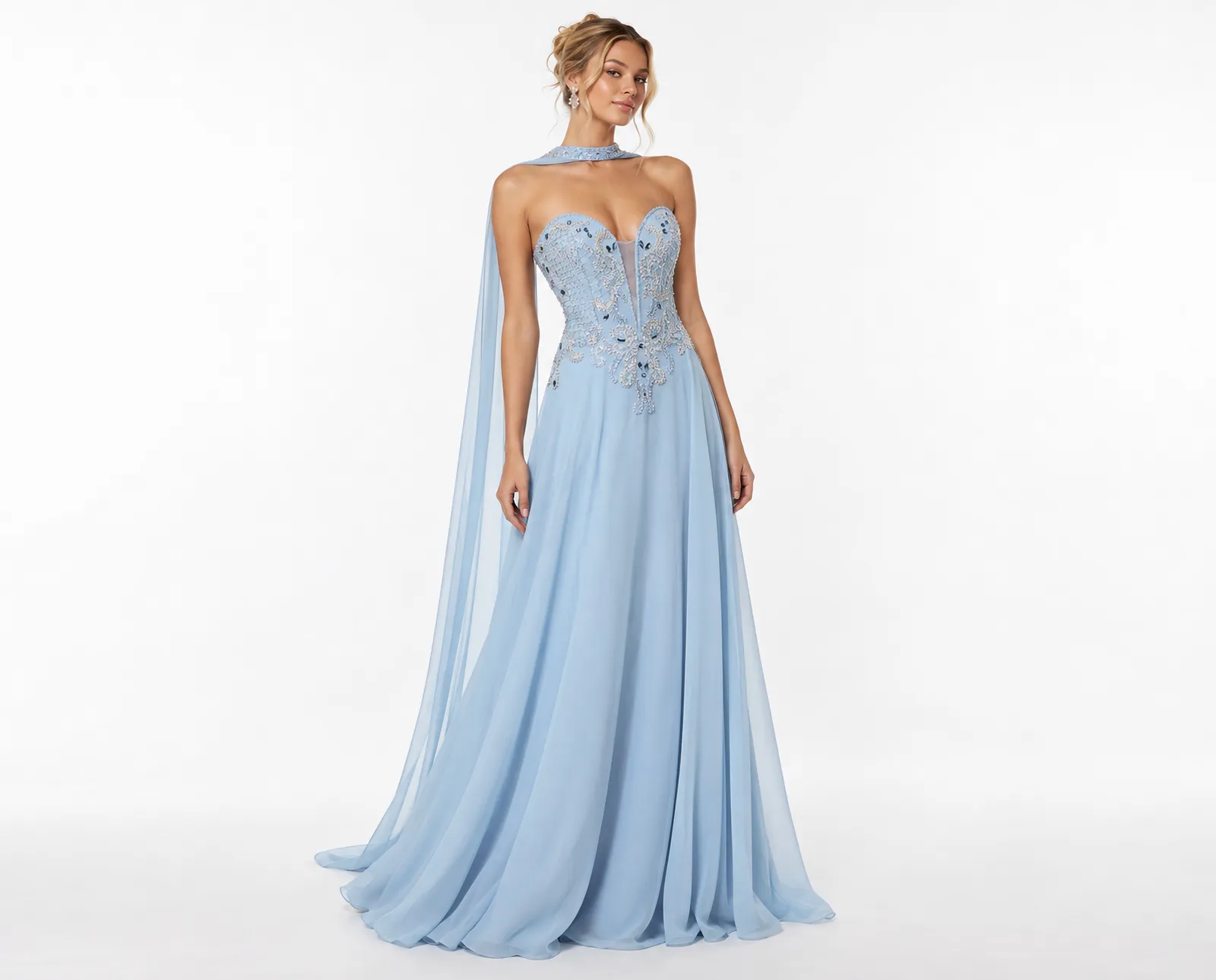 Vestido de gala azul com capa fluida LE upscale gentle