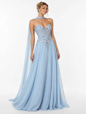 Vestido de gala azul com capa fluida LE upscale gentle